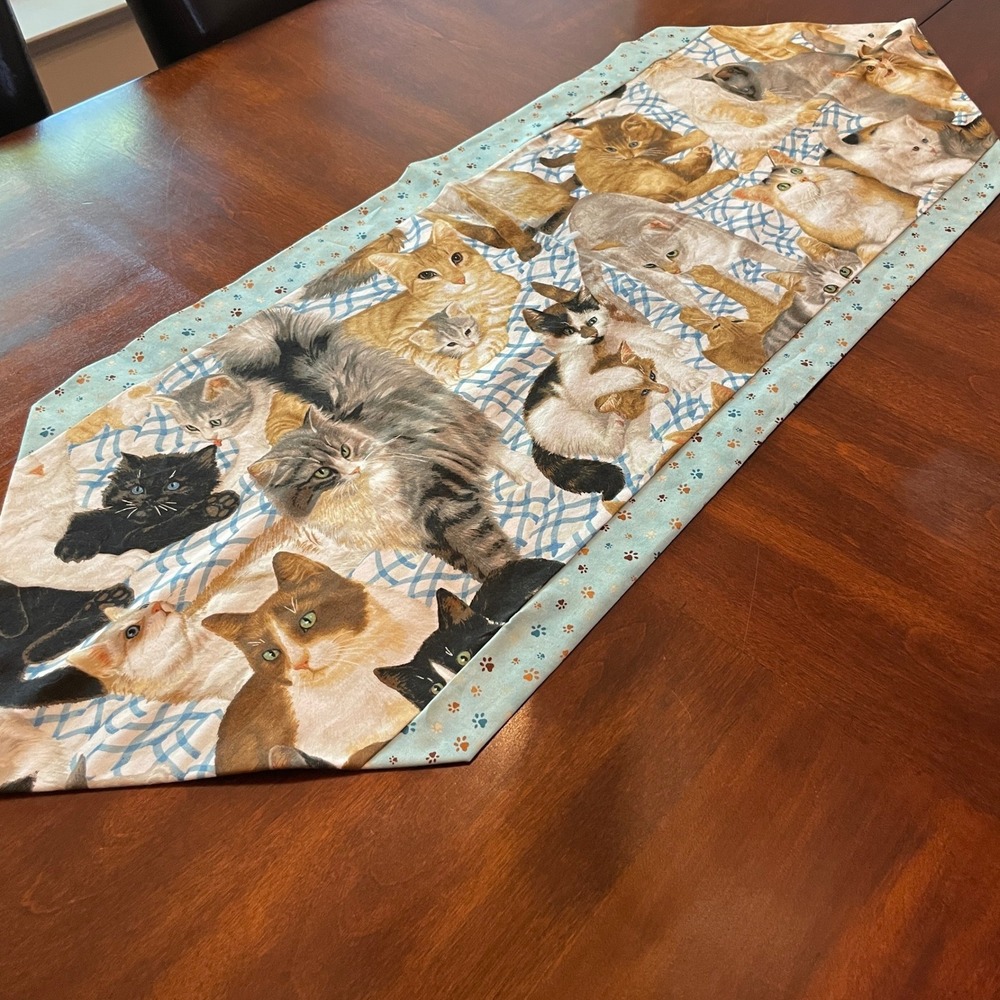 Handmade Cat Print Table Runner 14.5x41.5 Blue Reversible Paw Print Kitsch Decor